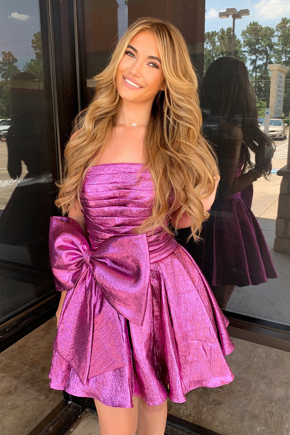 Luolandi A Line Purple Strapless Homecoming Dress With Big Bow Off Shoulder Party Dress